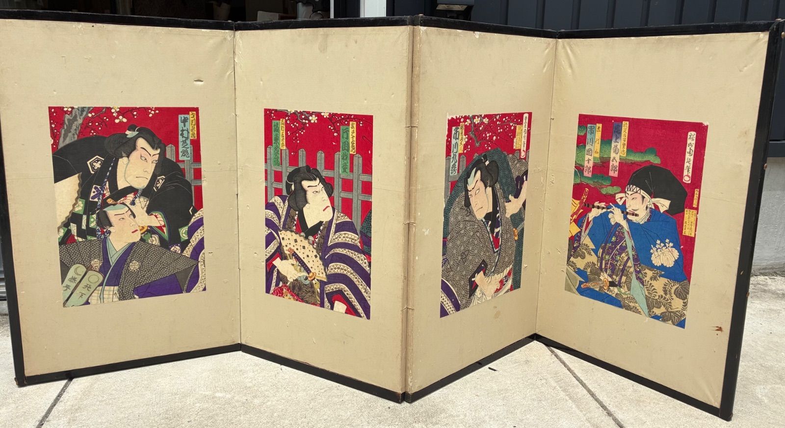 骨董 浮世絵役者絵 四曲屏風 明治時代 豊原国周・梅堂国政
