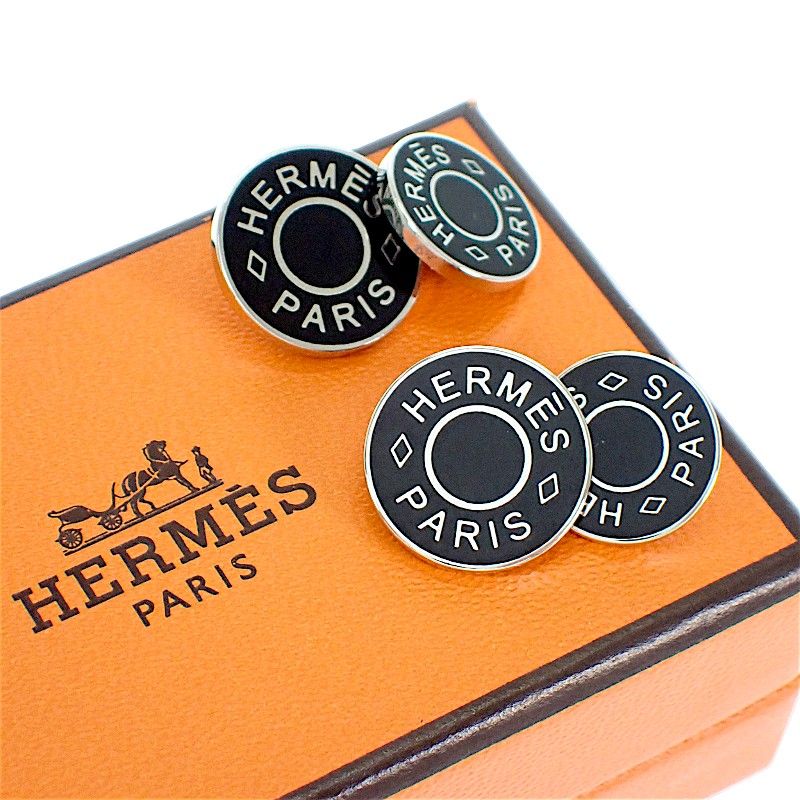 エルメス HERMES セリエ カフリンクス カフス メタル ブラック 黒 シルバー金具 メンズ ビジネス小物 人気 ロゴ【中古】【ABランク】