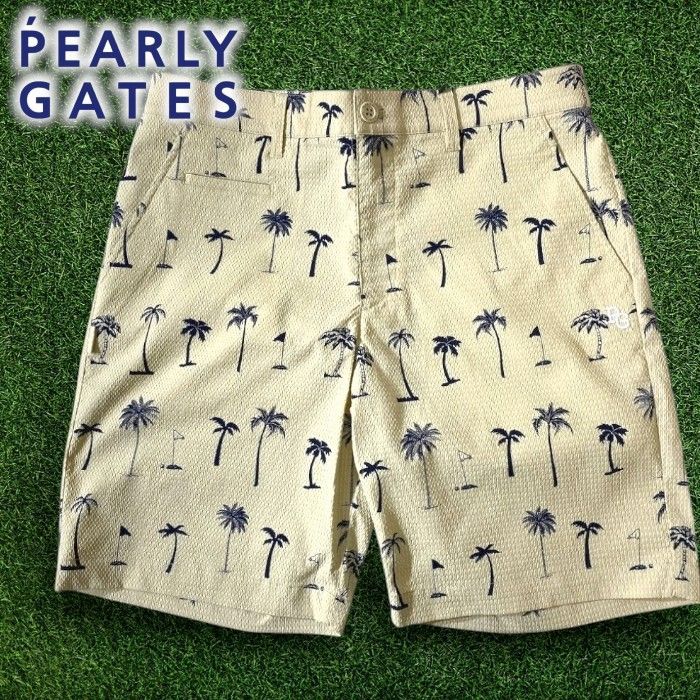 PEARLY GATES パーリーゲイツ ゴルフ ドライタッチ パームツリー柄 総柄 ストレッチ ハーフパンツ ゴルフウェア 053-3232705 定価3.6万 ベージュ ▲031▼60513w02