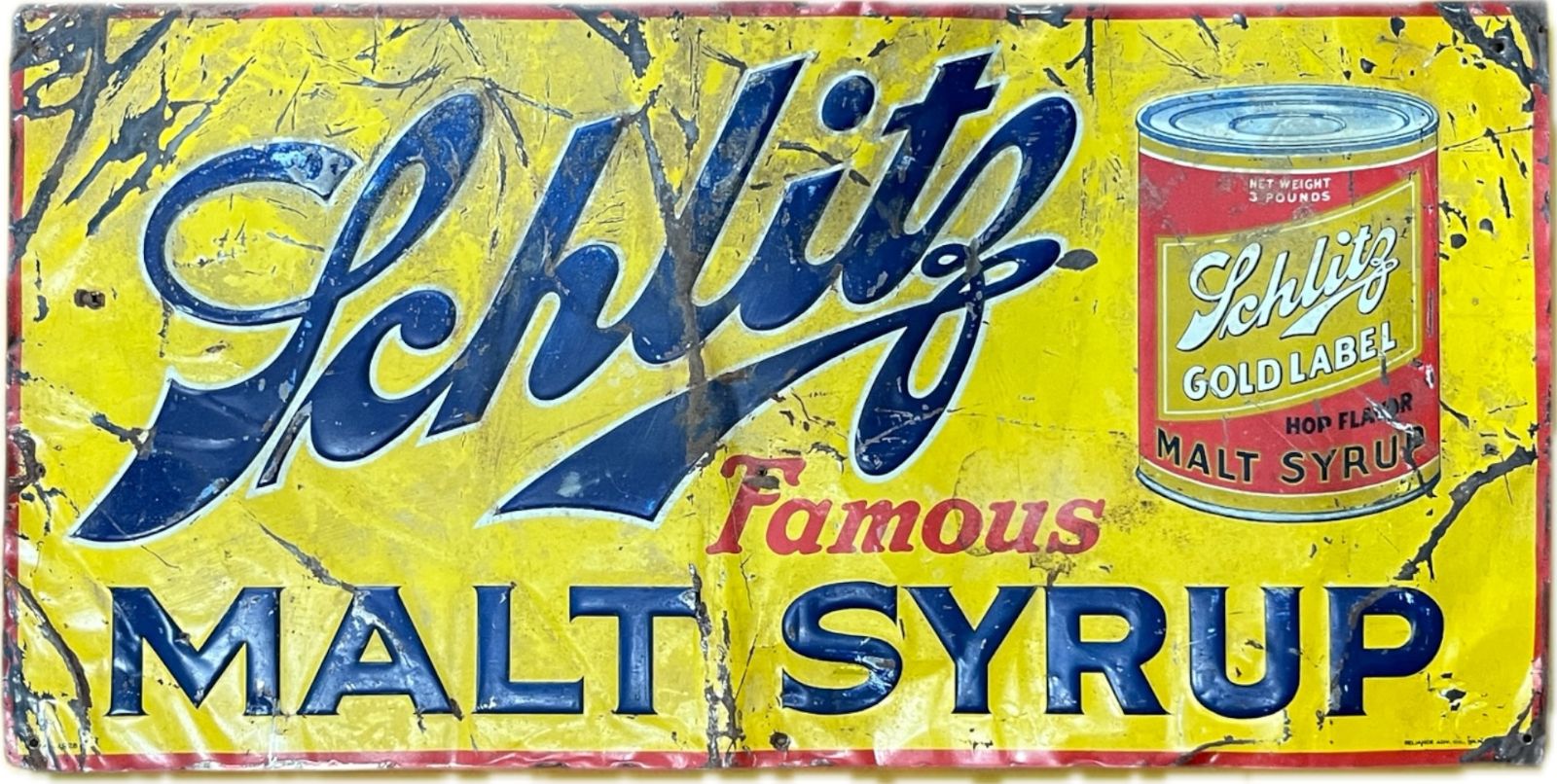 【1928 ORIGINAL】 SCHLITZ “MALT SYRUP” EMBOSSED TIN SIGN