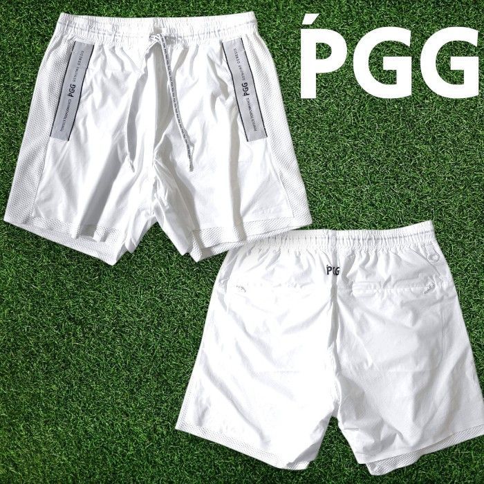 PGG by PEARLY GATES ピージージー パーリーゲイツ ゴルフ 吸汗速乾 ストレッチトリコット×ディンプルメッシュ 異素材コンビ サイドロゴ ショートパンツ ショーツ ゴルフウェア 268-3232701 定価3万 白▲028▼60527w10