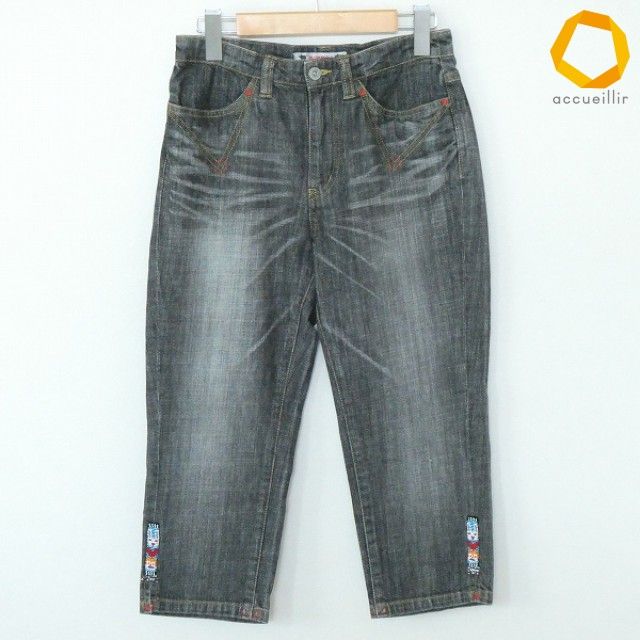 #a アルベロベロ OLLEBOREBLA ジーンズ S 黒系 カプリ丈 ビーズ 綿 デニム パンツ レディース [923346] k01