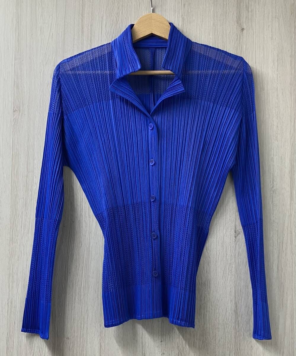 PLEATS PLEASE プリーツプリーズ イッセイミヤケ PP61-JJ582 長袖 プリーツ メッシュ ブラウスシャツ サイズ4 ブルー