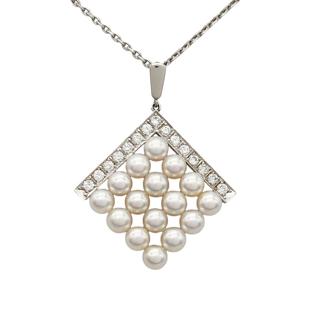 ミキモト MIKIMOTO スクエア ネックレス ダイヤモンド K14WG 9.3g パール ベビーパール 4.2mm レディース【中古】