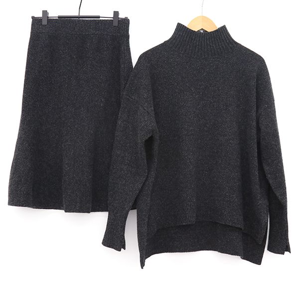 【美品】ランバン オン ブルー LANVIN en Bleu ニット スカート セットアップ タートルネック フレアスカート 長袖 毛 チャコールグレー 表示サイズ 38 【yy】【中古】4000065810001414