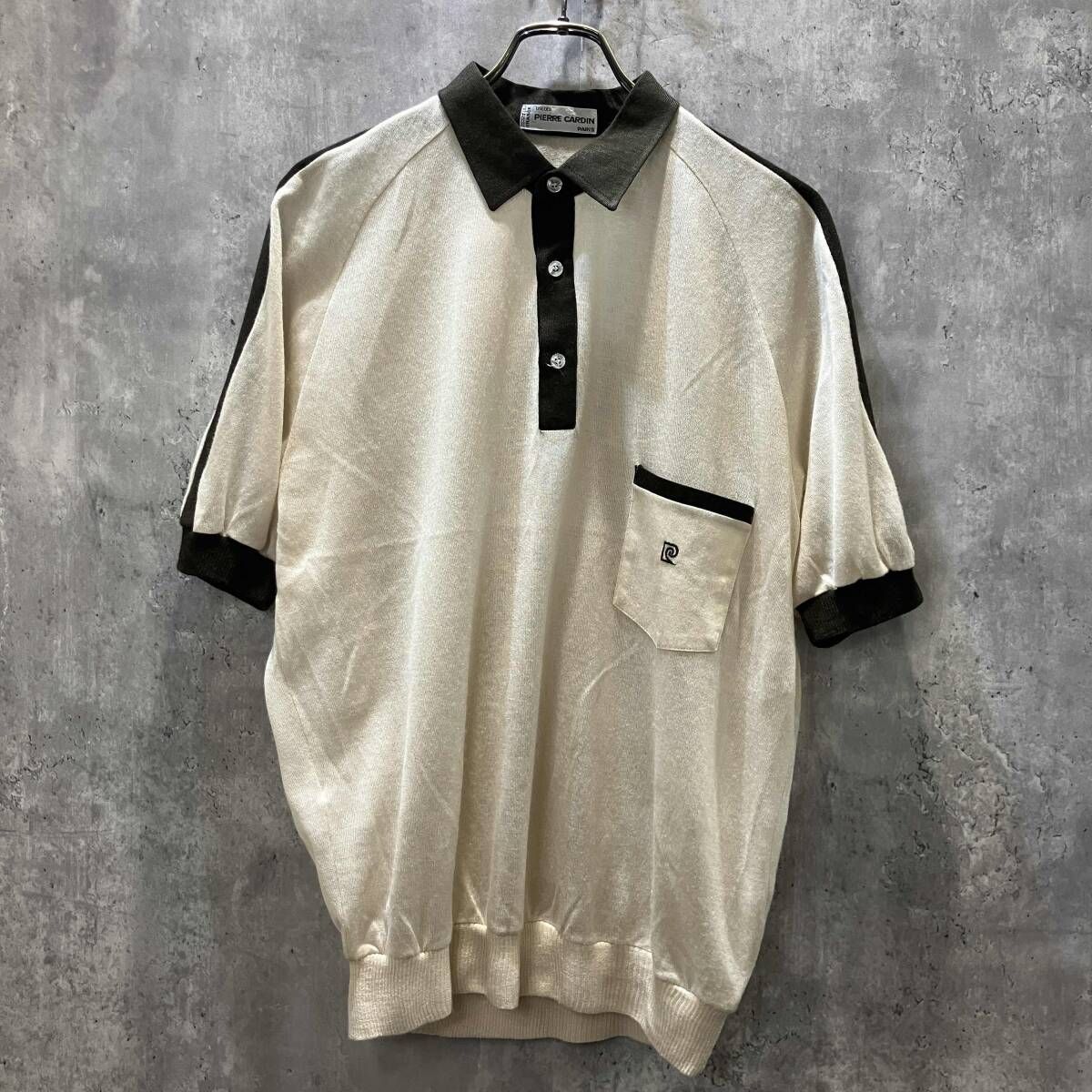 フランス製 PIERRE CARDIN 半袖ニットポロ ベージュ×ブラウン ピエールカルダン