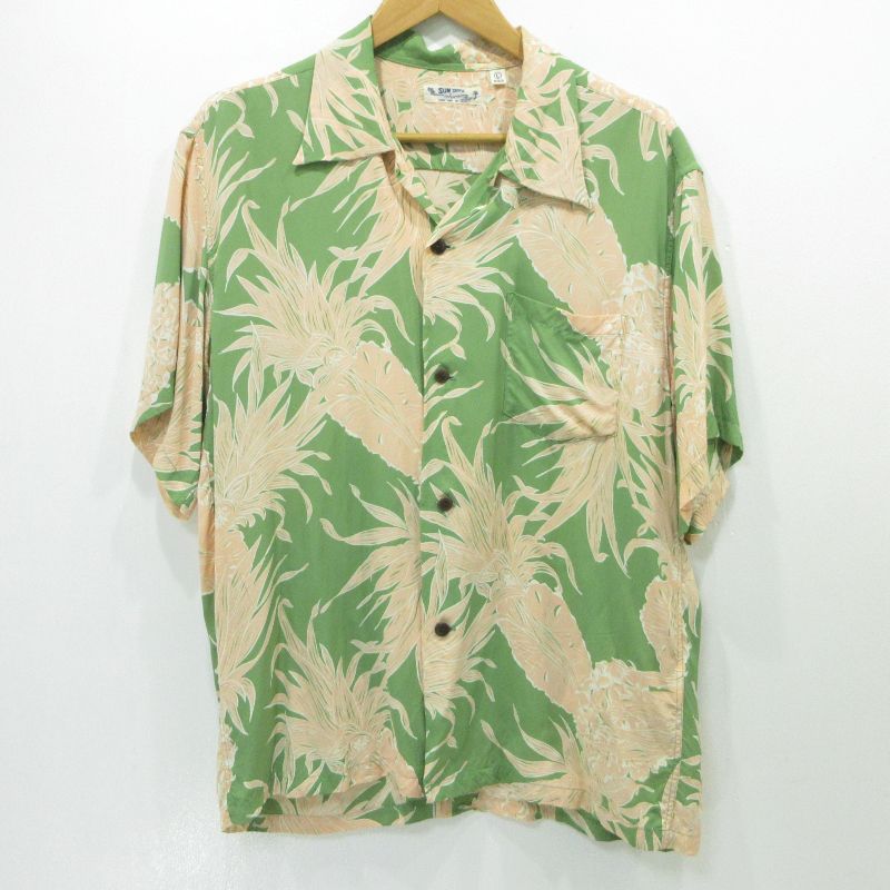 【三重本店】 中古 SUN SURF | サンサーフ 半袖アロハシャツ RAYON HAWAIIAN SHIRT “ISLAND PINEAPPLE” SS38795 グリーン×オレンジ サイズ：L 【101】