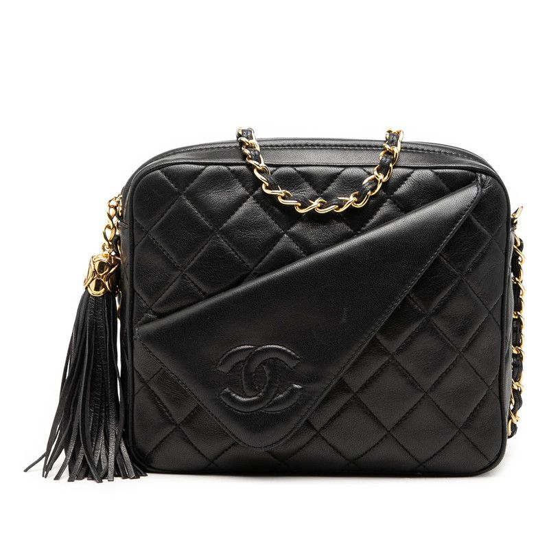 シャネル ココマーク マトラッセ タッセル チェーン ショルダーバッグ ブラック ラムスキン レディース CHANEL【1-0273025】