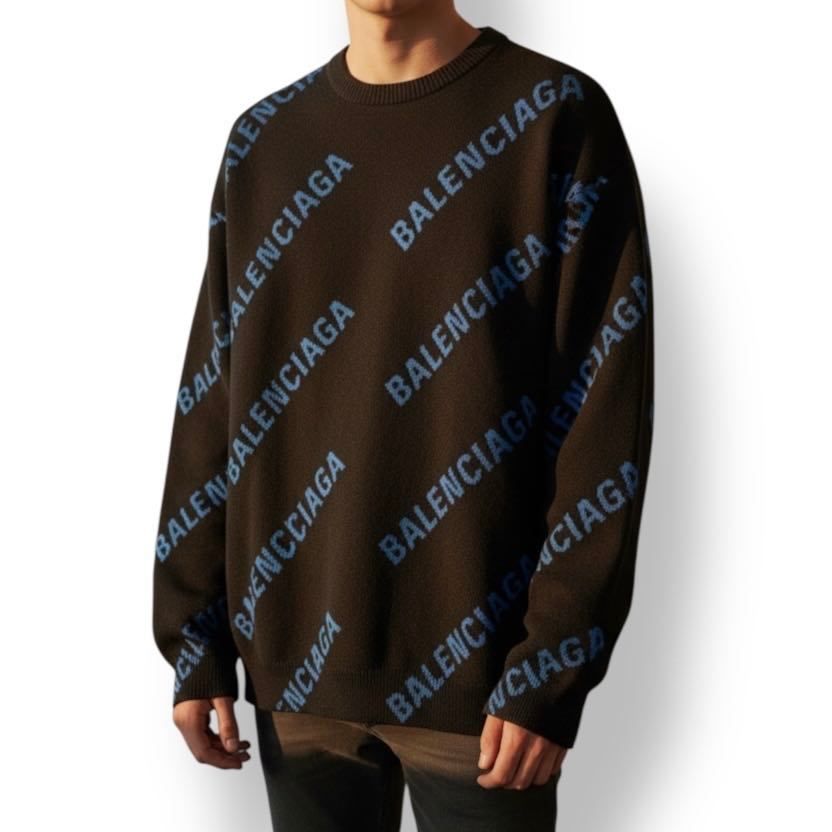 極美品 BALENCIAGA バレンシアガ ビッグシルエット メンズ 長袖ニット ブランド ロゴ 総柄 ブラック ブルー