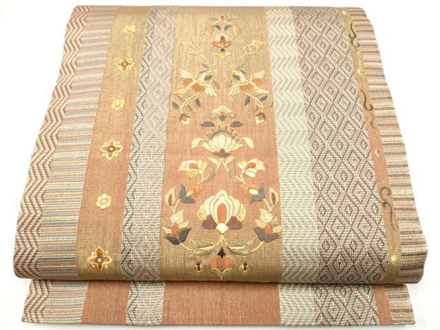 平和屋着物●ひなや工房　くむ・あむ・おる　伊豆蔵明彦　太鼓柄袋帯　総刺繍　向かい鳥花文　金糸　正絹　逸品　CABH4914hy