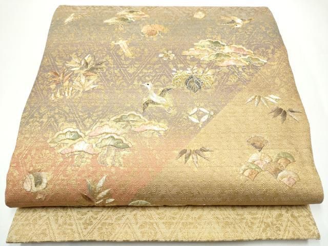 平和屋着物●太鼓柄袋帯　刺繍　飛鶴草花文　金彩　正絹　逸品　CABH4932hy
