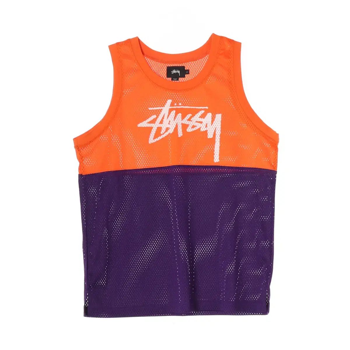 STUSSY カラーブロック ロゴ プリント メッシュ スリーブレス オレンジ パープル