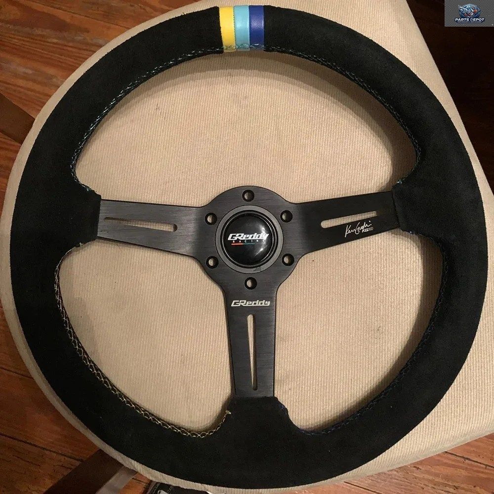 14インチ/350mm レザー製カースポーツレーシングステアリングホイール（3色ステッチ入り）