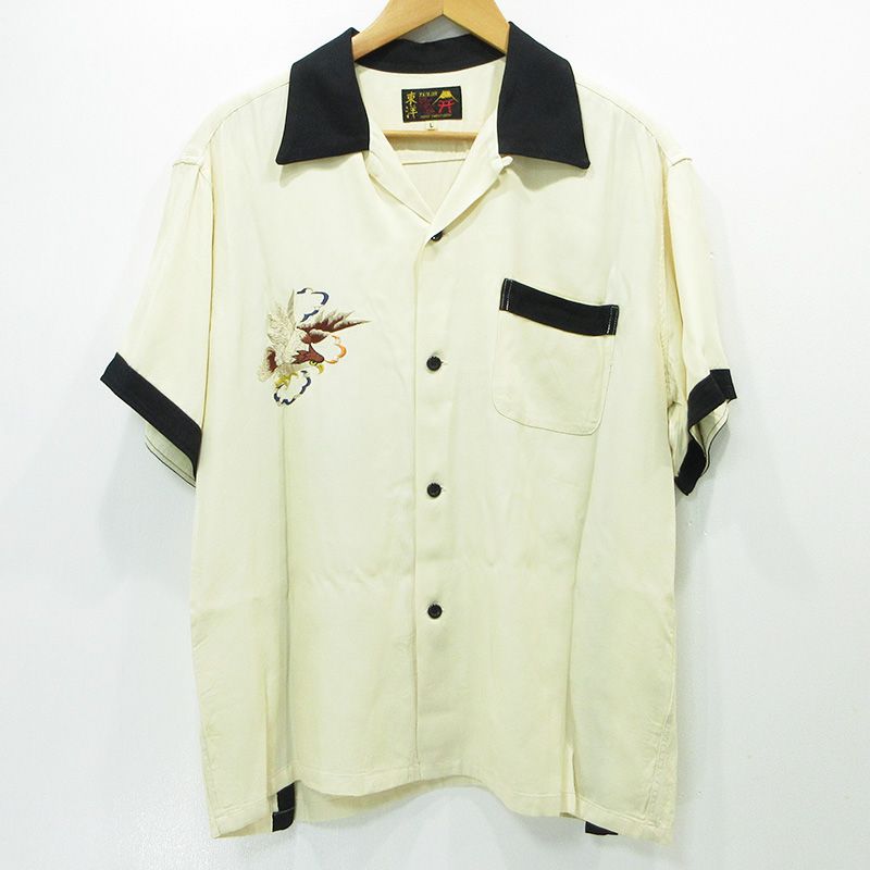 【三重本店】 中古 TAILOR TOYO(東洋エンタープライズ) | テイラートウヨウ SUKA BOWLING SHIRT EAGLE 鳥刺繍襟2WAY半袖シャツ アニマル柄 TT39301 ライトベージュ ホワイト系 アイボリー サイズ：L 【101】