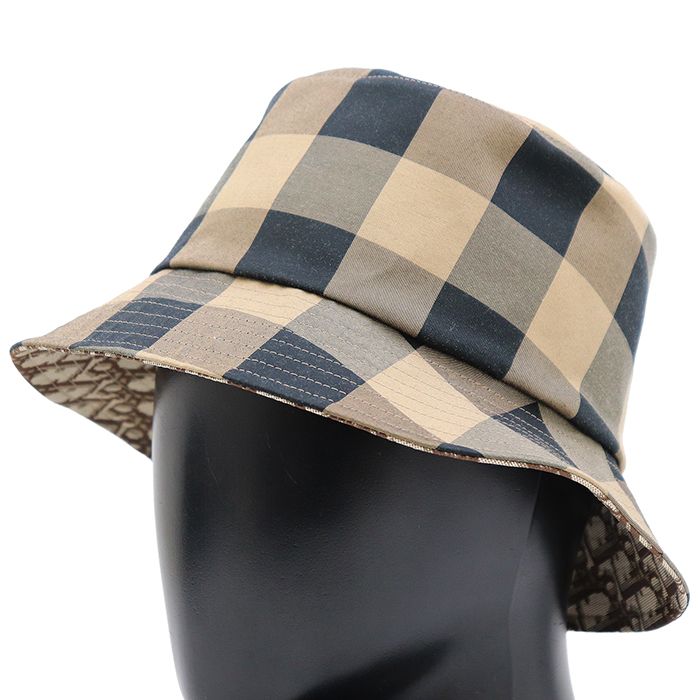 【極美品】Christian Dior クリスチャンディオール ボブハット サイズ 57 メンズ レディース ユニセックス TEDDY-D ブロックチェック シグネチャー ロゴ オブリーク バケットハット 帽子 小物 ブラウン系 茶色 イタリア製