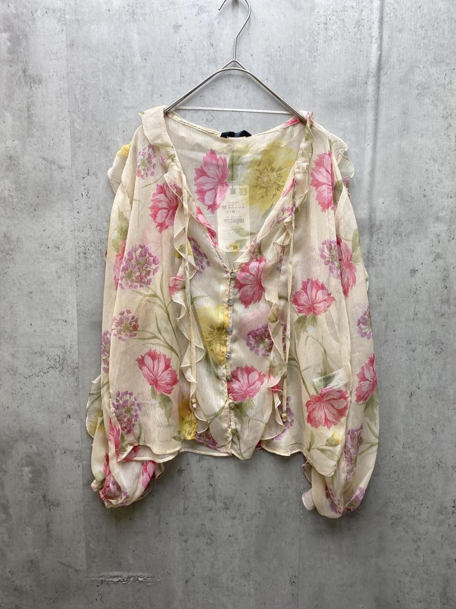 ZARA ザラ シアー 花柄シフォン フリル ブラウス シャツ 華やか 上品 ボタニカル sizeM/ピンク ■◆ レディース