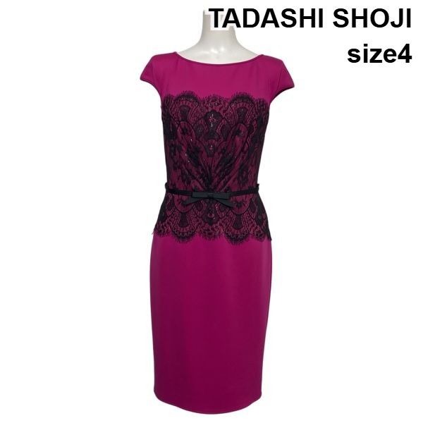 ◇ タダシショージ TADASHI SHOJI タイトドレス ワンピース ミモレ丈 半袖 レース リボンベルト マゼンタ 4 L 11号 レディース S6E595