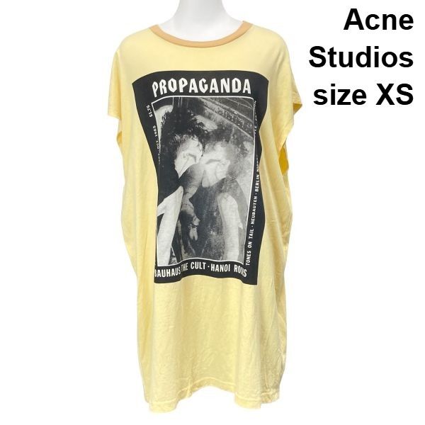 □ アクネストゥディオズ Acne Studios マガジンプリント ドレスTシャツ ノースリーブ クルーネック 黄色 綿 XS 5号 レディース S6E598