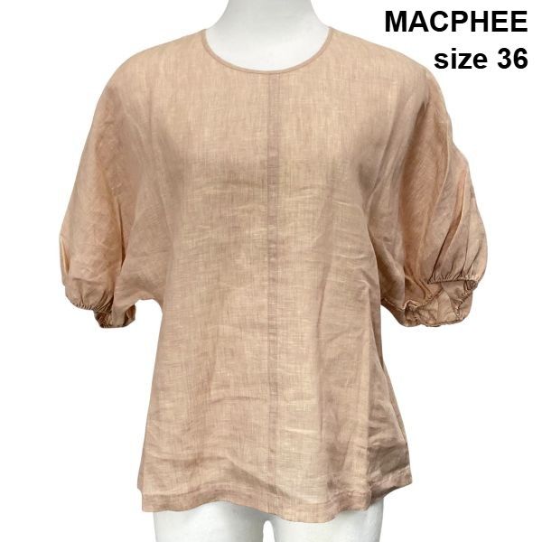 □ マカフィー MACPHEE リネン100% パフスリーブブラウス 五分袖 バックオープン クルーネック ピンクベージュ 36 S 7号 レディース S6E599