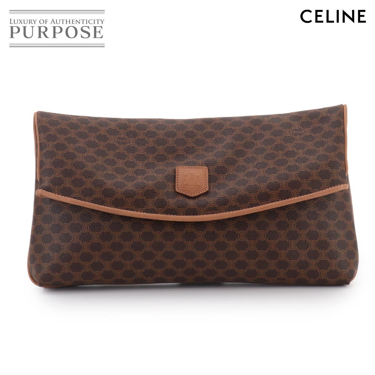 新品同様 セリーヌ CELINE マカダム クラッチ バッグ PVC レザー ブラウン ゴールド 金具 ヴィンテージ Macadam Clutch Bag 90324997