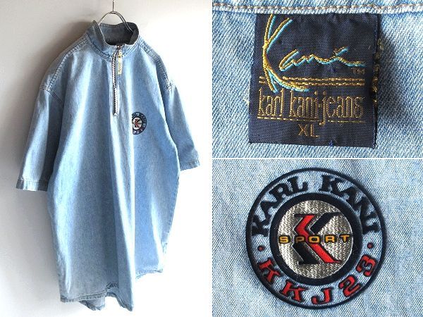 希少 USA製 90sビンテージ Karl Kani jeans カールカナイ ロゴプリント ハーフジップ プルオーバー デニムシャツ XL ライトインディゴ