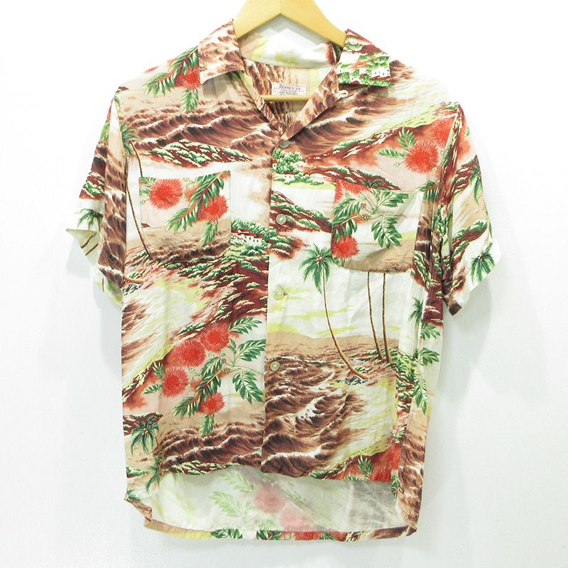 【三重本店】 中古 OLD | オールド PENNEYS ぺニーズ ハワイアンシャツ 50~60's アロハシャツ 襟2WAY総柄半袖シャツ ホワイト系×ブラウン アイボリー サイズ：M 【101】