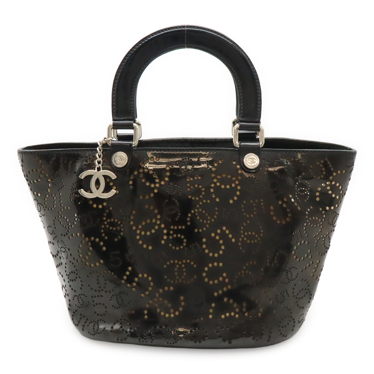 CHANEL シャネル No.5 ココマーク パンチング ハンドバッグ トートバッグ エナメル パテントレザー ブラック 黒 シルバー金具