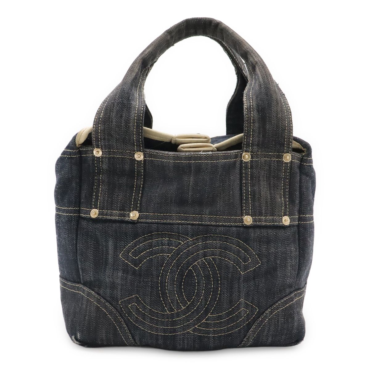 CHANEL シャネル スパークリングデニム ココマーク トートバッグ ハンドバッグ ブルー ゴールド金具 A31985