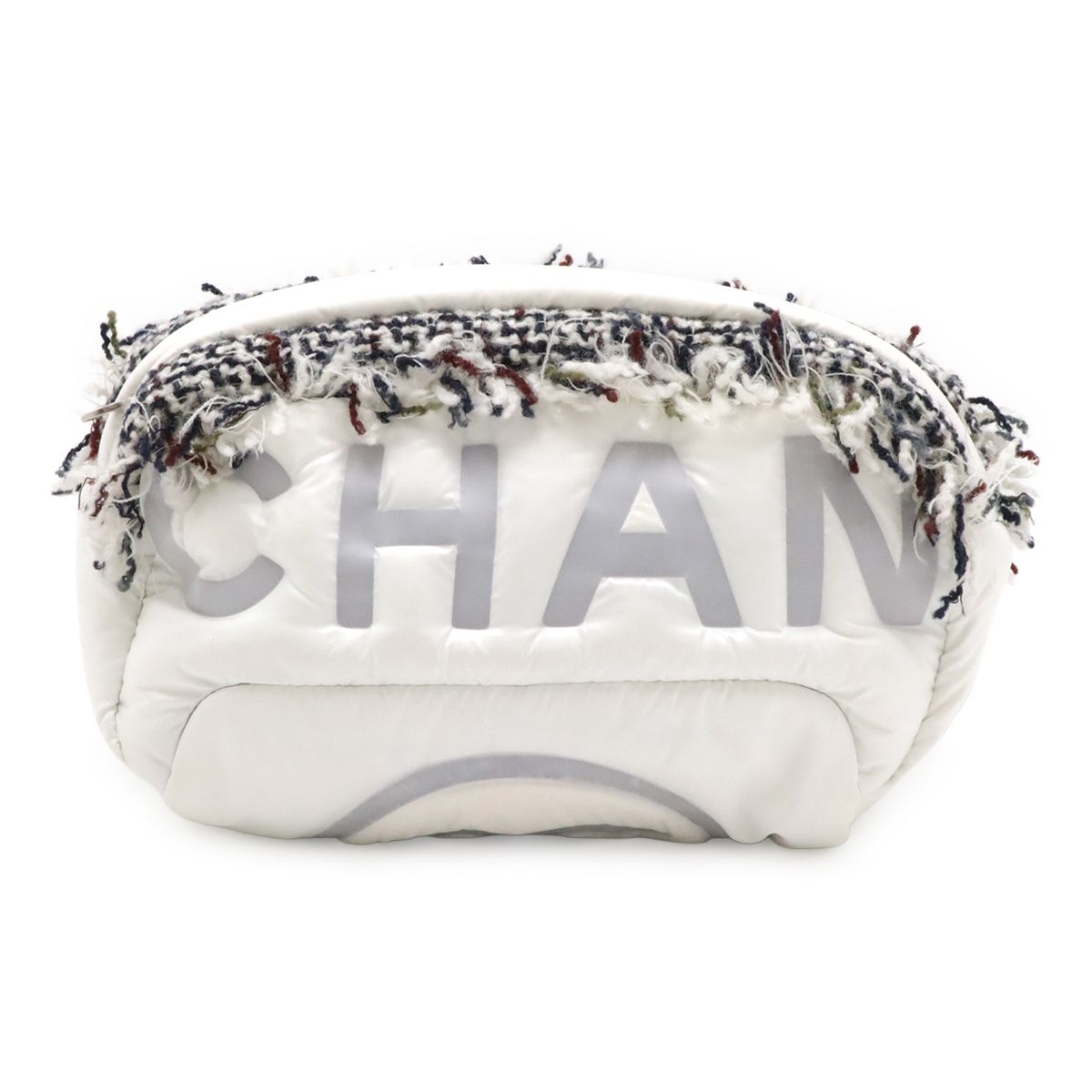 CHANEL シャネル ドゥドーヌ ココネージュ ボディバッグ ウエストポーチ ロゴ型押し ナイロン ツイード ホワイト 白 グレー シルバー金具