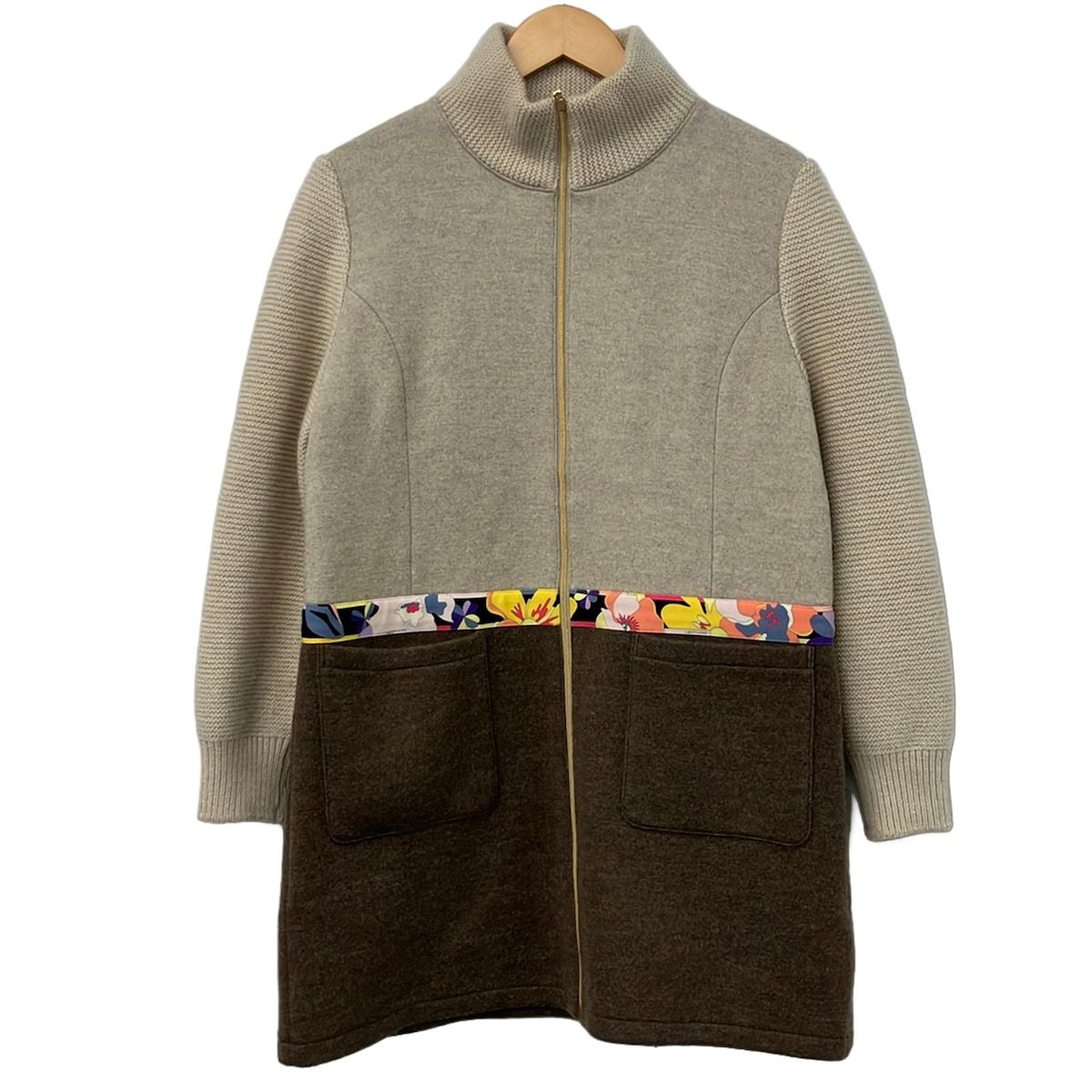 レオナールスポーツ コート サイズ40 M レディース美品 - ベージュ×ダークブラウン×マルチ 長袖/ジップアップ/花柄切替/春/秋
