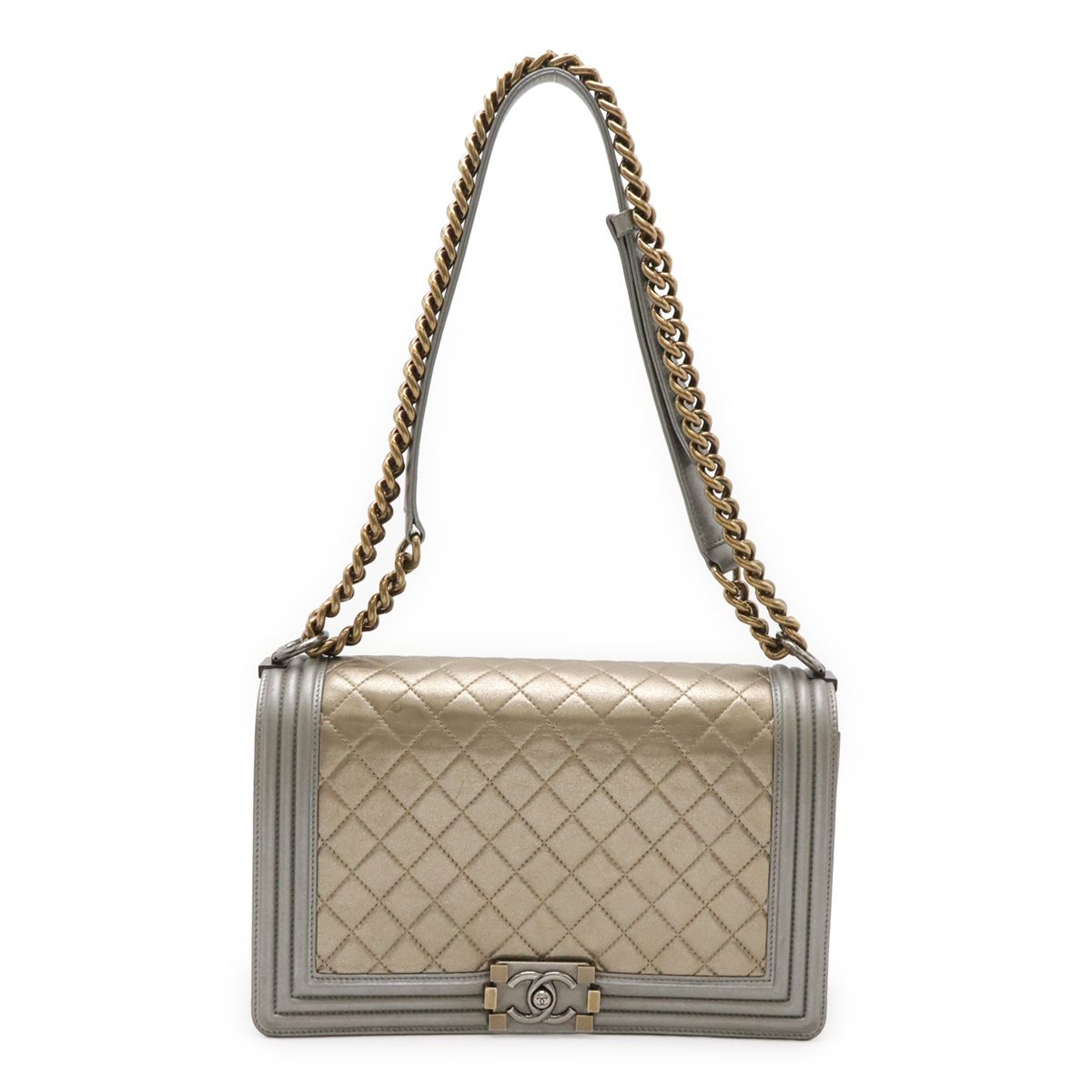 CHANEL シャネル ボーイシャネル28 マトラッセ ココマーク チェーンバッグ ショルダーバッグ カーフスキン ゴールド グレー A92193