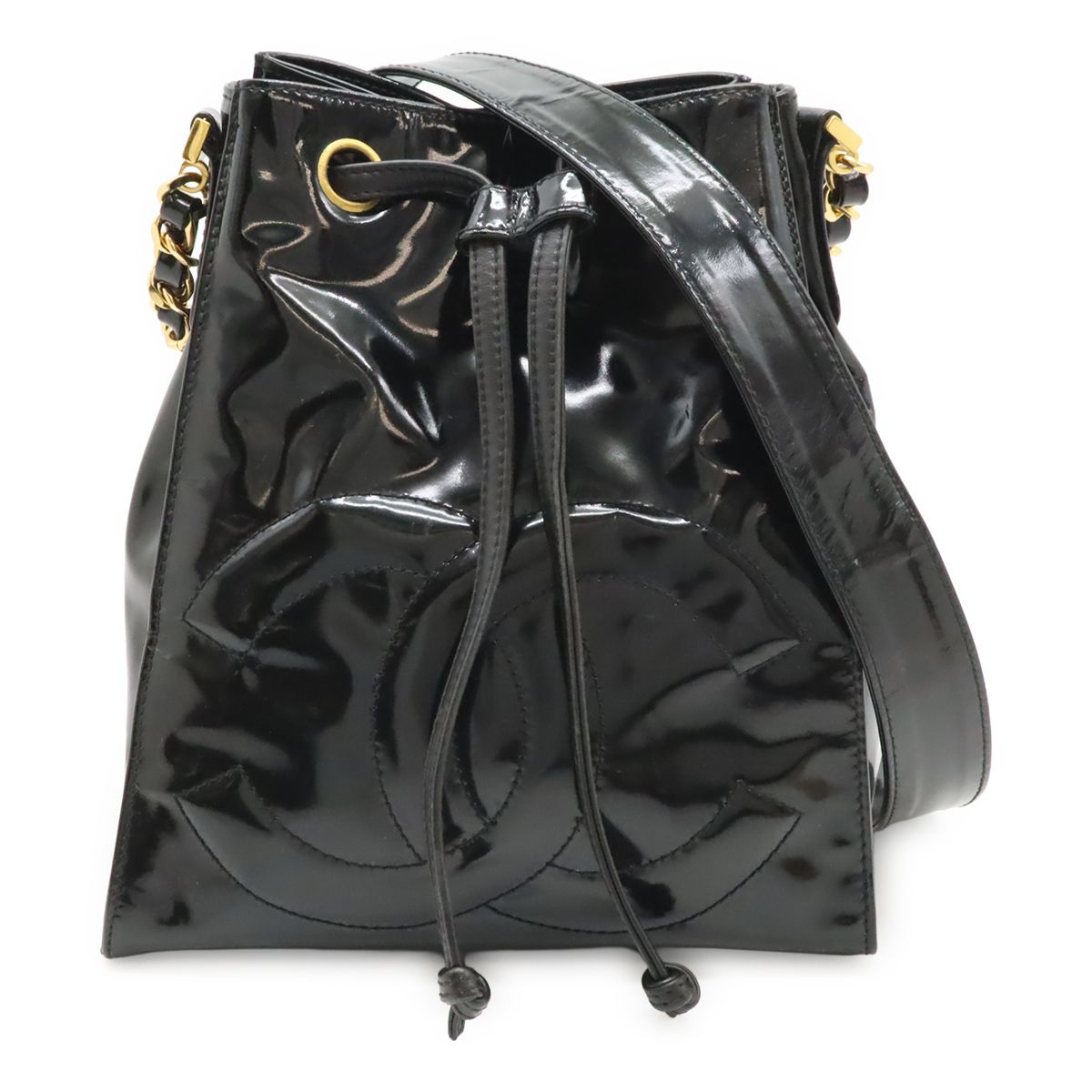 CHANEL シャネル ココマーク チェーンショルダー ショルダーバッグ ワンショルダー 巾着 エナメル パテントレザー ブラック ゴールド金具 ポーチ付