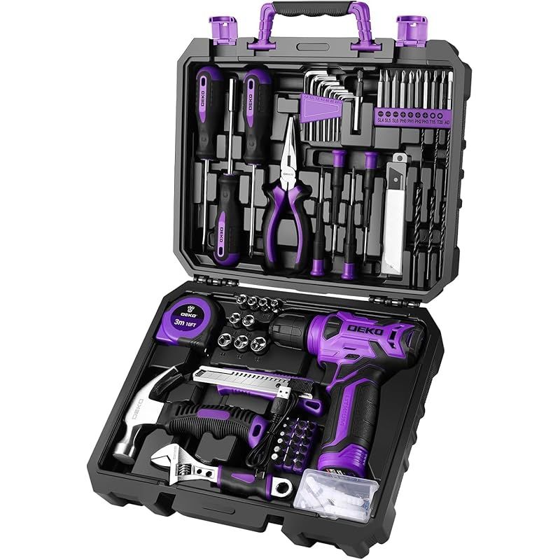 【8V電動ドリル付き】126点組 工具セット ツールセット 工具 日曜大工 DIYセット ドリル 電動工具セット 家庭用 ホームツールセット 家具の組み立て 住まいのメンテナンス用 大工道具セット 便利な収納ケース付き パープル
