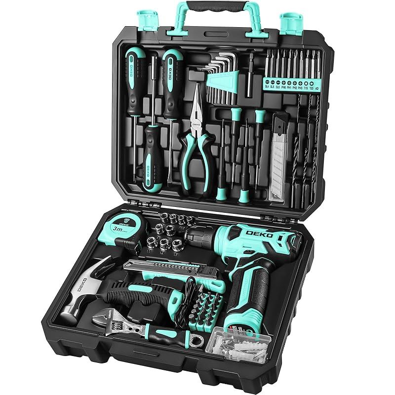 【8V電動ドリル付き】126点組 工具セット ツールセット 工具 日曜大工 DIYセット ドリル 電動工具セット 家庭用 ホームツールセット 家具の組み立て 住まいのメンテナンス用 大工道具セット 便利な収納ケース付き ターコイズ