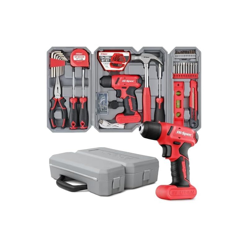 Hi-Spec 58点 8V電動ドリルドライバー＆家庭用工具セット ? USB充電式 電動ドライバー・ハンマー・テープメジャー・水平器付き 折りたたみ工具箱