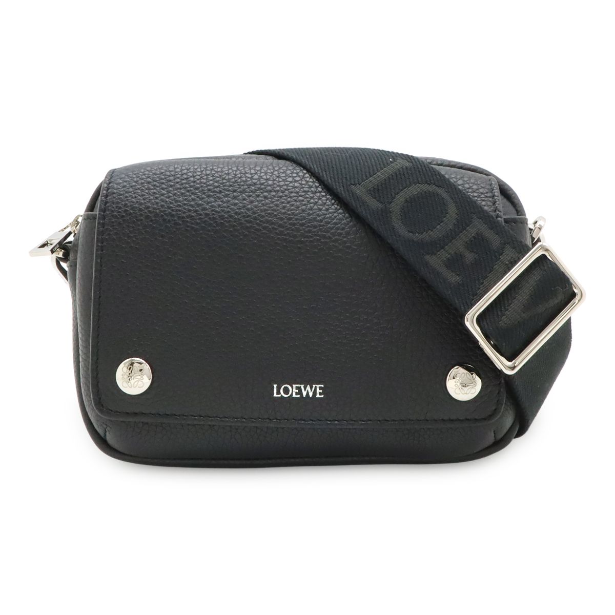 LOEWE ロエベ ペブル メッセンジャー スモール ショルダーバッグ 斜め掛け サプルグレインカーフ レザー ブラック 黒 シルバー金具 BANBPCBX01