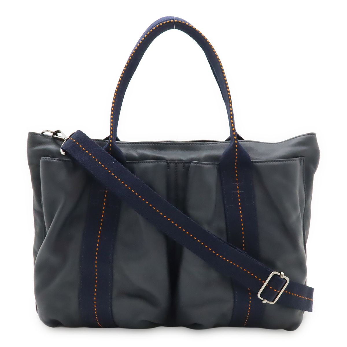 HERMES エルメス キャラバン ホリゾンタルMM トートバッグ 2WAY ショルダーバッグ 斜め掛け ヴォーデルマ レザー ネイビー 紺 オレンジ
