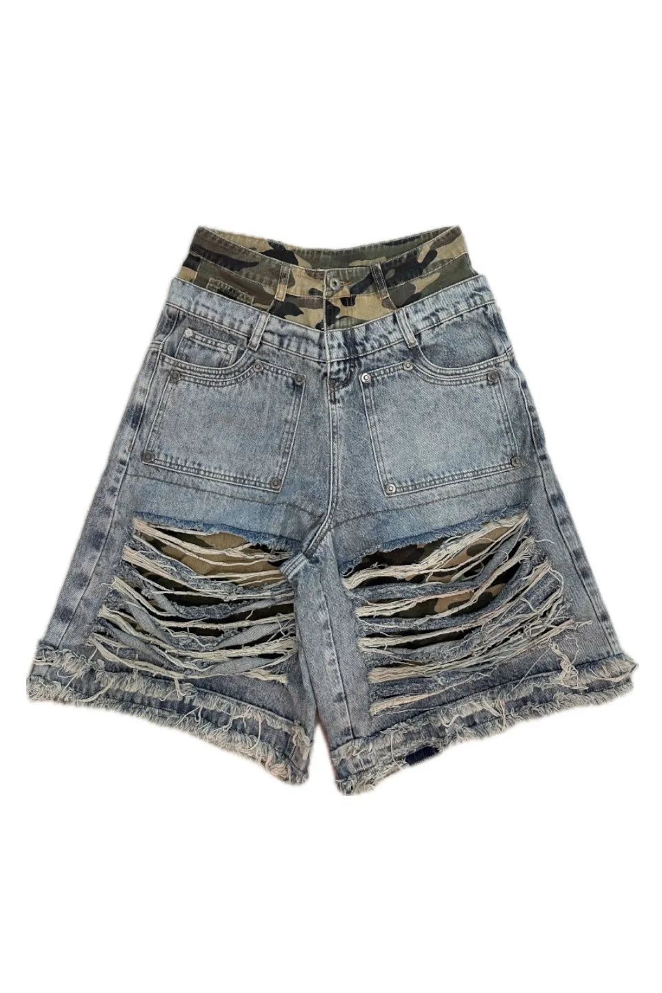 ROLLING MONEY | DOUBLE WAISTBAND EXTREME DISTRESSED SHORTS