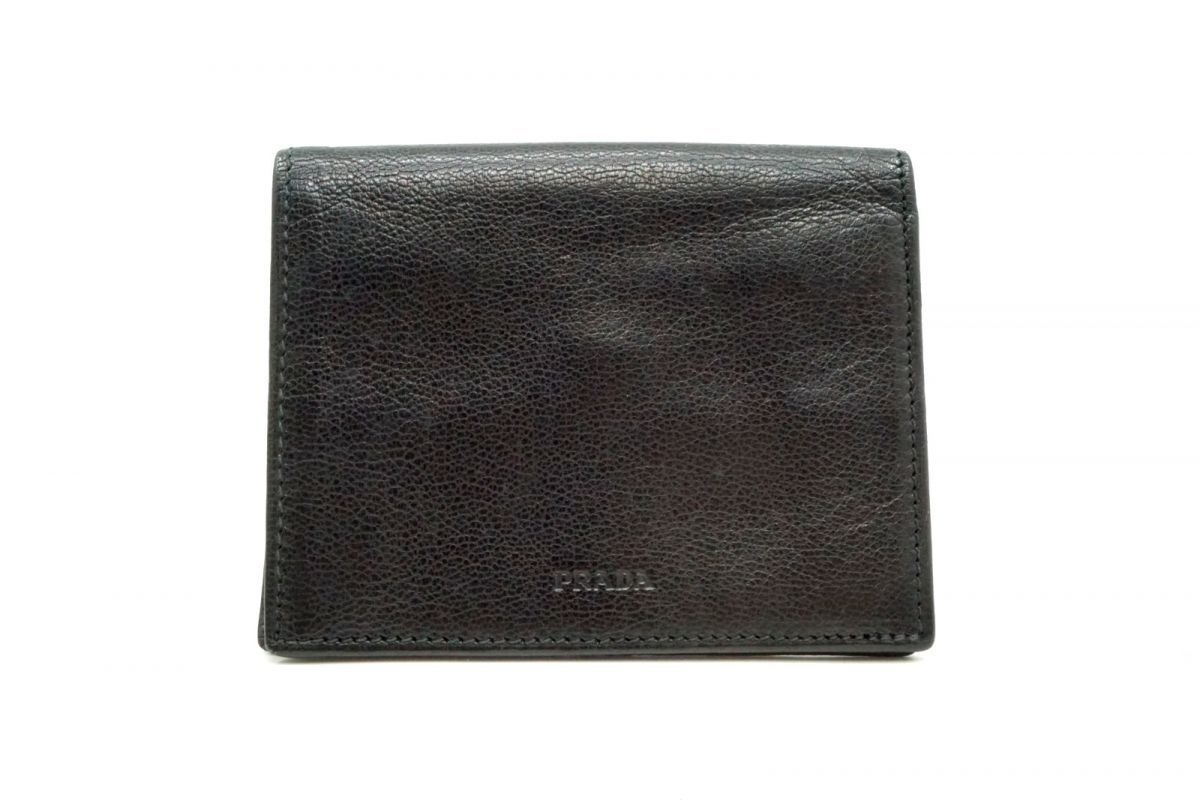 プラダ 二つ折り ミニ 財布 サイフ ウォレット 小銭入れ 札入れ カード入れ Unisex レザー 黒 ブラック PRADA 6660k