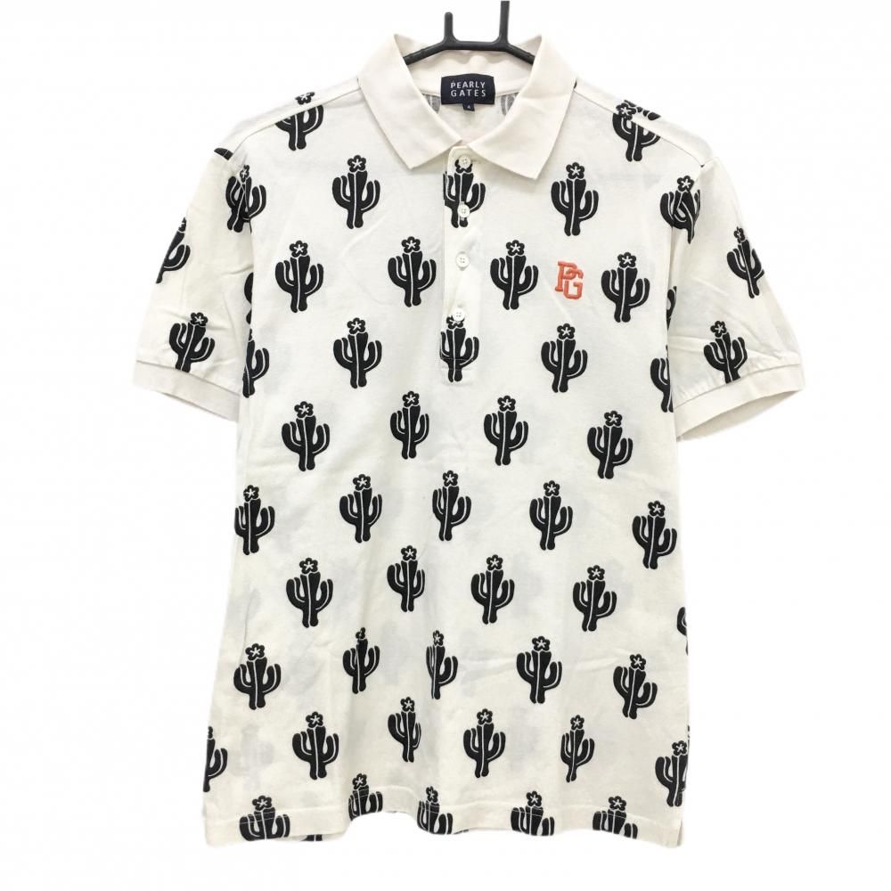【美品】パーリーゲイツ 半袖ポロシャツ アイボリー×黒 サボテン総柄 メンズ 4(M) ゴルフウェア PEARLY GATES