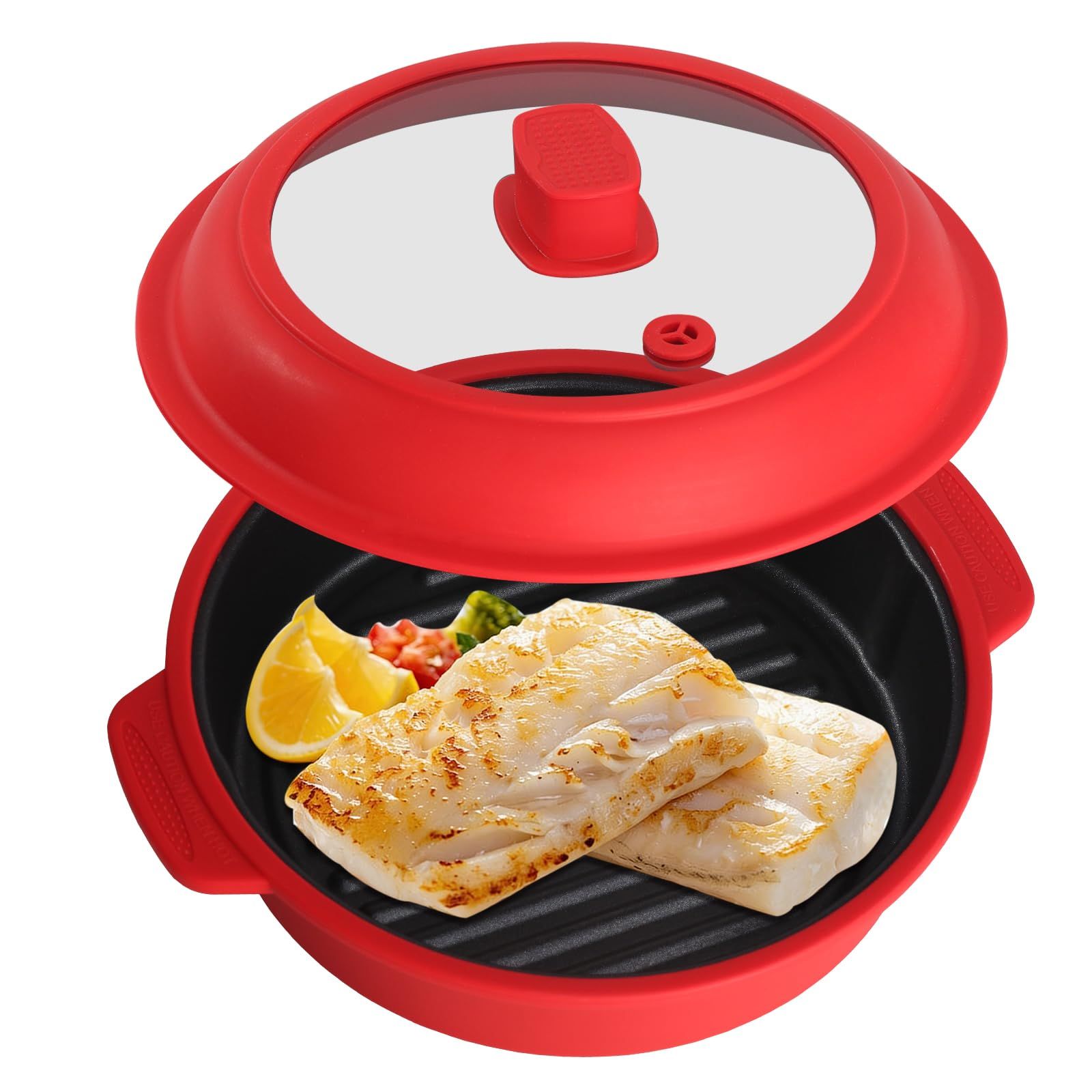 GLOU-GLOU GOOSE GGG 電子レンジ専用調理器具 1台8役 焼き魚 魚焼きレンジ 焼き目 アルミ板 シリコン調理器具 時短 簡単 安全 キッチン 料理 丸型 レッドma df3881cd