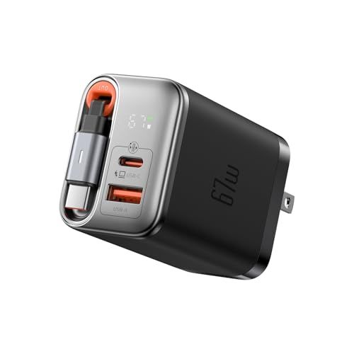 Mcdodo 67W GaN 急速充電器 PD充電器 Type-C充電器 iPhone 17充電器 USB-C & USB-Aポート【伸縮式USB-Cケーブル付き/出力デジタル表示/GaN新技術】折りたたみ式プラグ PD3.0/QC4.0/P 852610f3