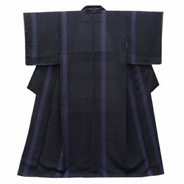 小紋 リサイクル着物 正絹 クリーニング済 縮緬 丹後ちりめん 裄64.5cm 身丈160cm M 紺色系 縞文様 上質 セミフォーマル 春 夏 秋 冬 仕立て上がり