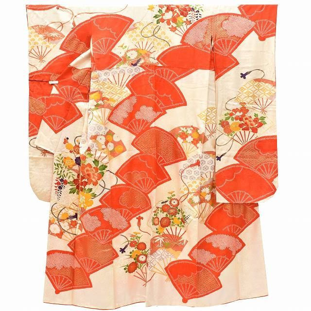 振袖 長襦袢 2点セット ヴィンテージ振袖 リサイクル着物 正絹 金駒刺繍 レトロ 成人式 結婚式 ビンテージ振袖 裄66cm 身丈161cちょっとふくよかL 白色系 扇 花文様 特品 着物 中古 帯 リサイクル [ 着物 中古 帯 リサイクル 振袖 浴衣