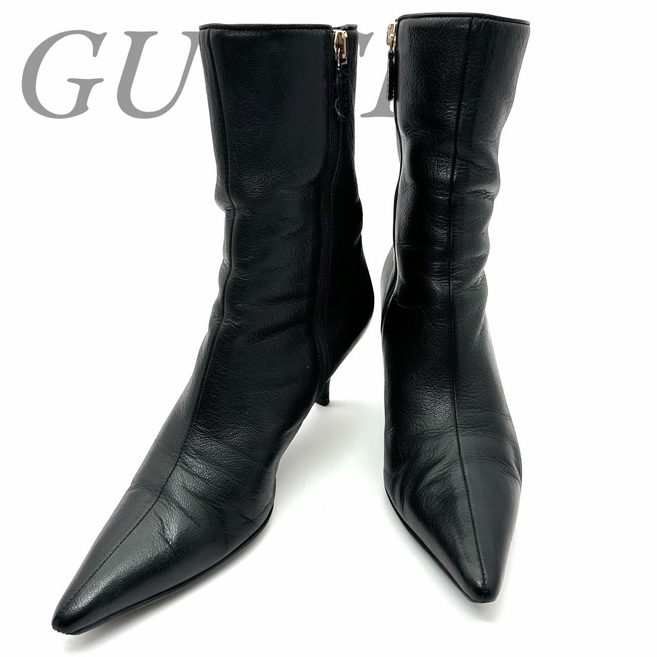 【B5029】 GUCCI グッチ ショートブーツ ピンヒール レザー ブラック ポインテッドトゥ サイドジップ ヴィンテージ レディース