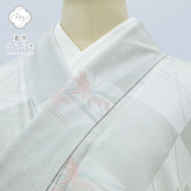 小紋 リサイクル着物 身丈161cm 裄丈65cm 正絹 縮緬 お召 L M グレー色系 格子 花文様 上質 セミフォーマル 春 夏 秋 冬 仕立て上がり