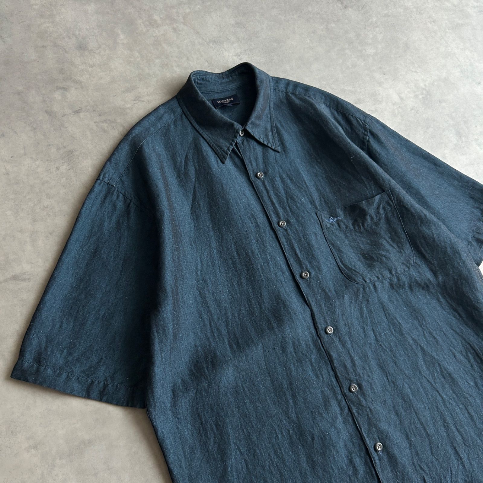 90s〜00s Dockers リネン レーヨン 半袖 シャツ L ネイビー 無地
