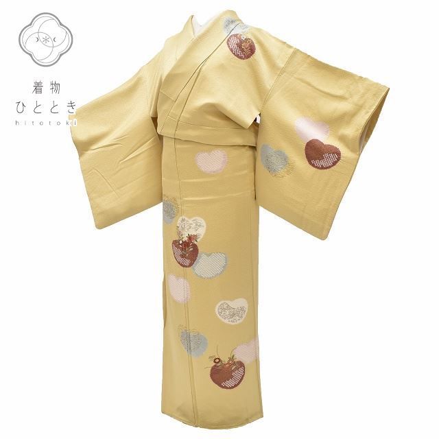 リサイクル着物 訪問着 身丈158.5cm 裄丈64.5cm 付下げ 正絹 仕立て上がり 袷 絞り 鹿の子 刺繍 M 金色系 花文様 rr1849b