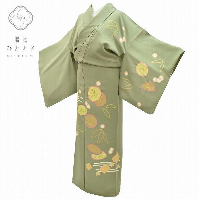 リサイクル着物 訪問着 身丈160.3cm 裄丈65.5cm 付下げ 正絹 仕立て上がり 袷 金駒刺繍 モダン 落款有 M 緑色系 笹 松文様 rr1786b