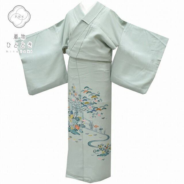 リサイクル着物 身丈158.5cm 裄丈64cm 色留袖 正絹 比翼衿付き 仕立て上がり 一つ紋付き 結婚式 M ちょっとふくよかL 緑系 四季花文様 特品 [ 着物 中古 帯 リサイクル 振袖 浴衣 袴 和服 古着 ] rr0640b